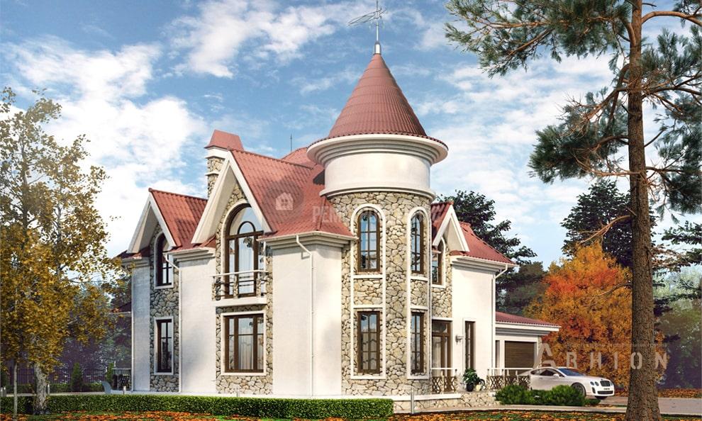 3. Проект одноэтажного дома в викторианском стиле с многоскатной кровлей, t-14-01, площадью - 210 кв c мансардой, терассой, балконом, гаражом, эркером